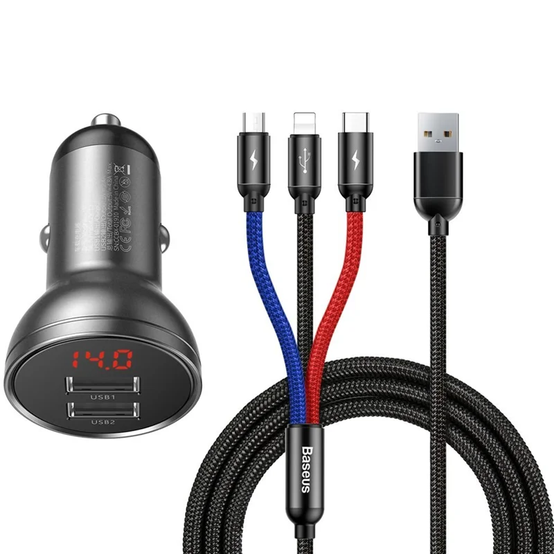 شارژر فندکی دوپورت همراه با کابل سه سر بیسوس Baseus Car Charger Suit Digital Display 4.8A TZCCBX-0G